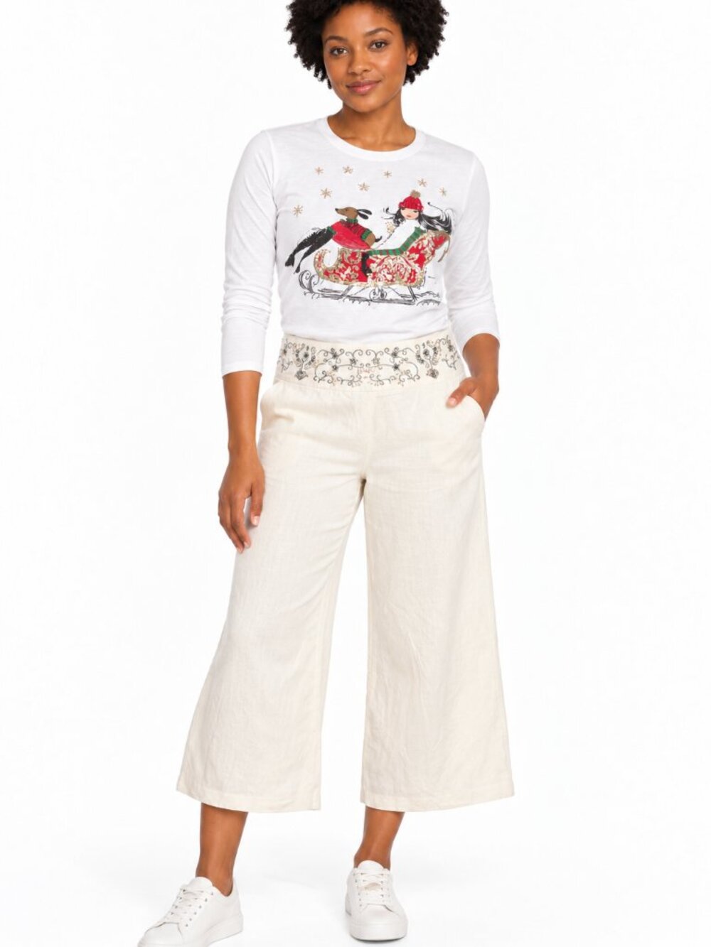 Larry Levine Sport Ivory Linen-Blend Capri Pants, Size 8, Embroidered Waist